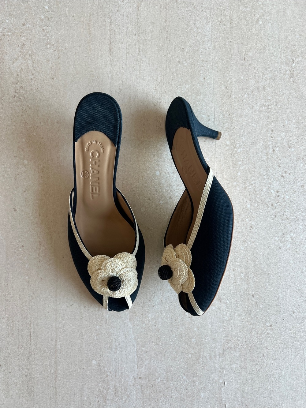 CHANEL Navy and Cream Camellia Kitten Heel Mules - Picture 3 of 9